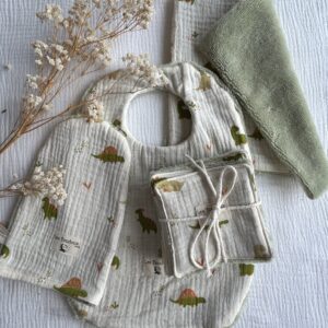 pack bavoir, gant de toilette, cotons et essuie tout lavable vert et blanc avec des dinausores