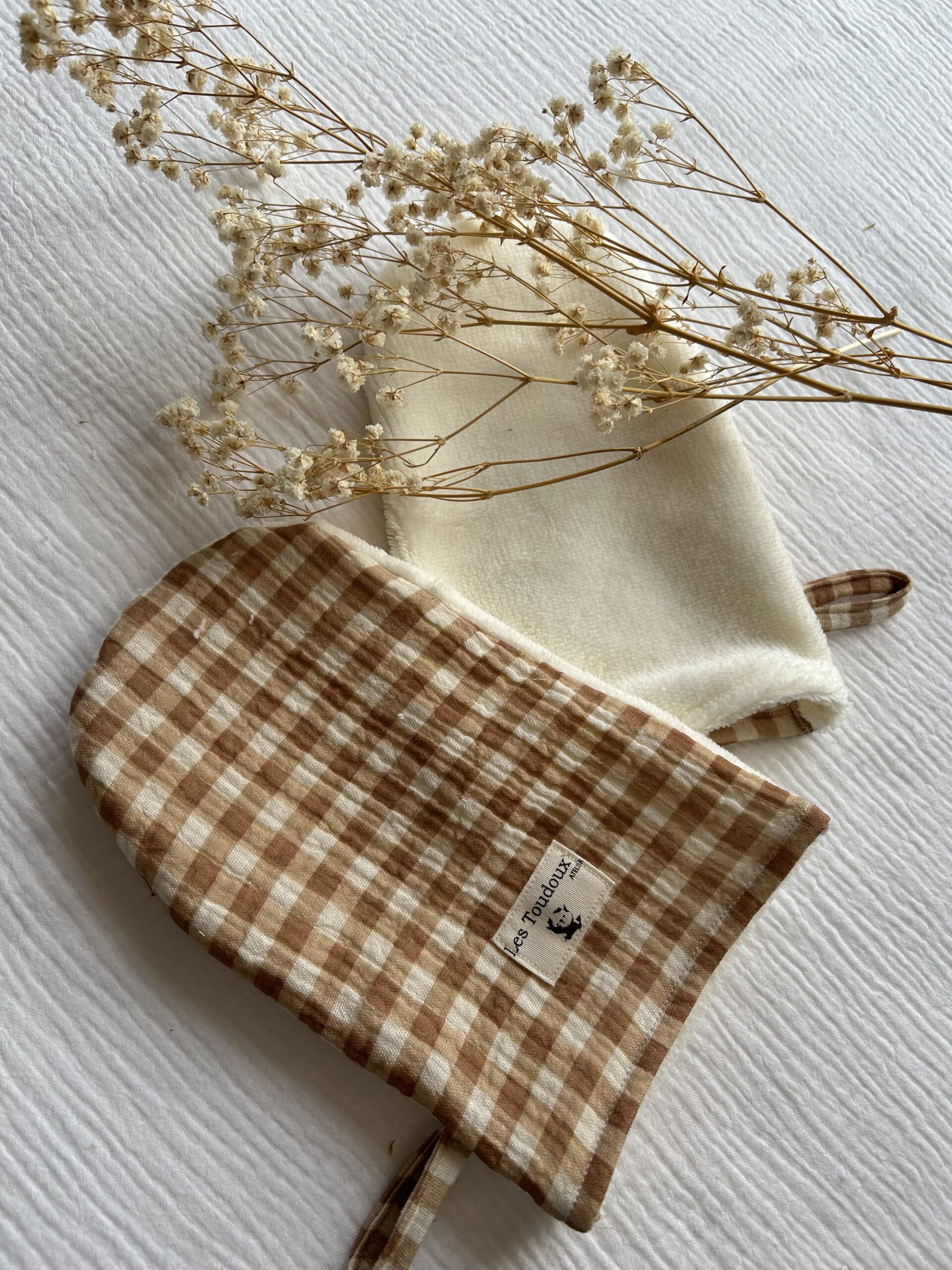 gant de toilette carreaux vichy marron