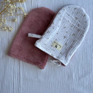 gant de toilette recto verso double gaze et eponge de bambou rose